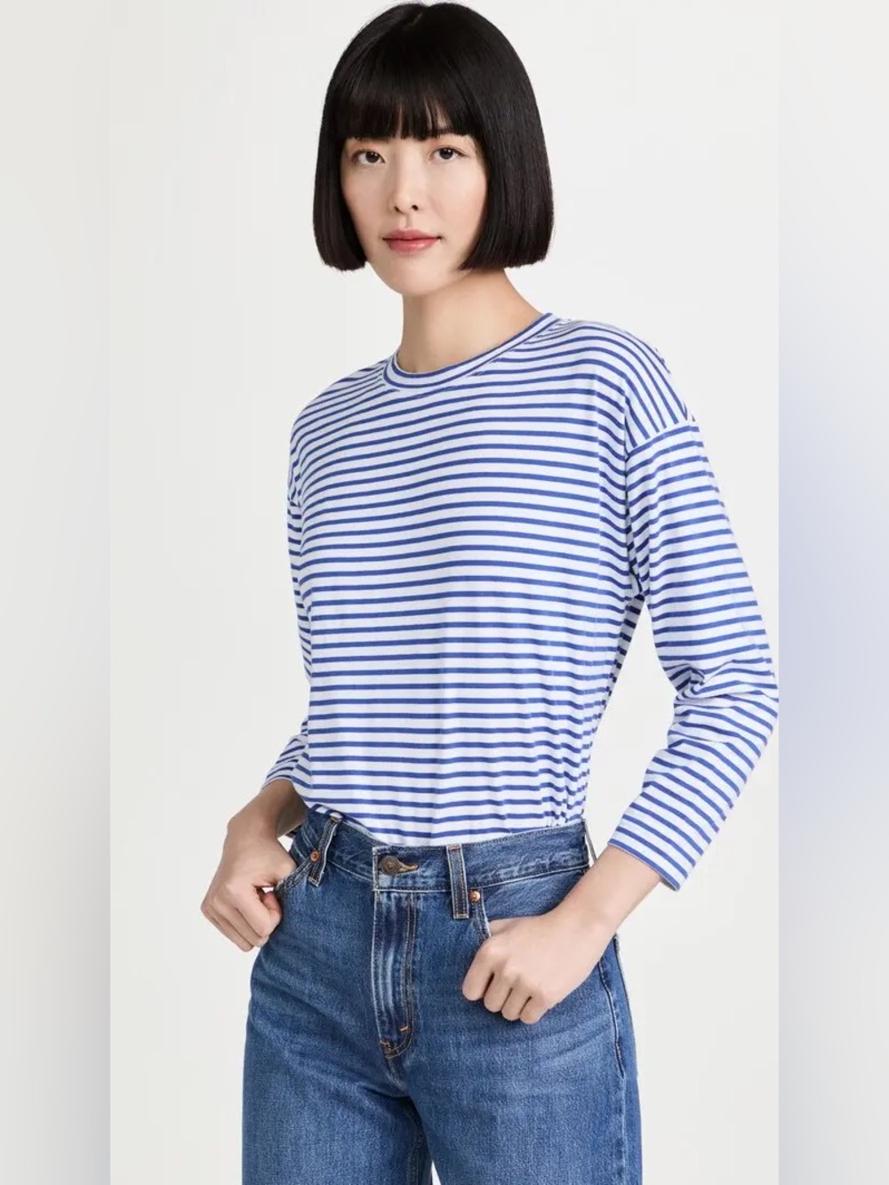 AYR Blue White Striped Long Sleeve Relaxed Crewneck Tee Top Size S